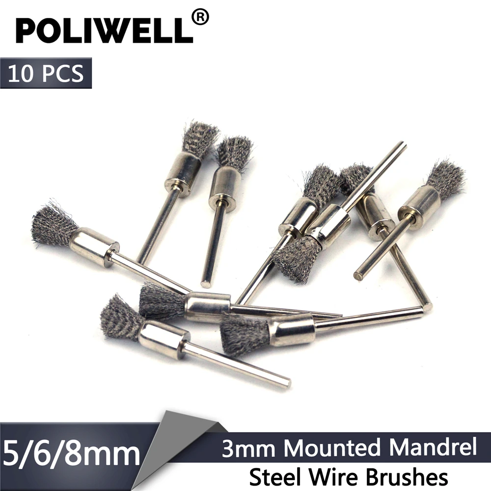 

POLIWELL 10 шт. 5/6/8 мм стальные проволочные щетки 3 мм крепится оправки мини ручка щетка для удаления ржавчины полировка для вращающихся инструментов Dremel