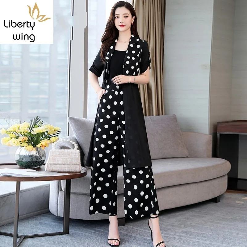 

Summer New Women Polka Dot Long Blazer Coat Wide Leg Pants Office Work Suit Conjuntos De Mujer Short Sleeve Outfits Set