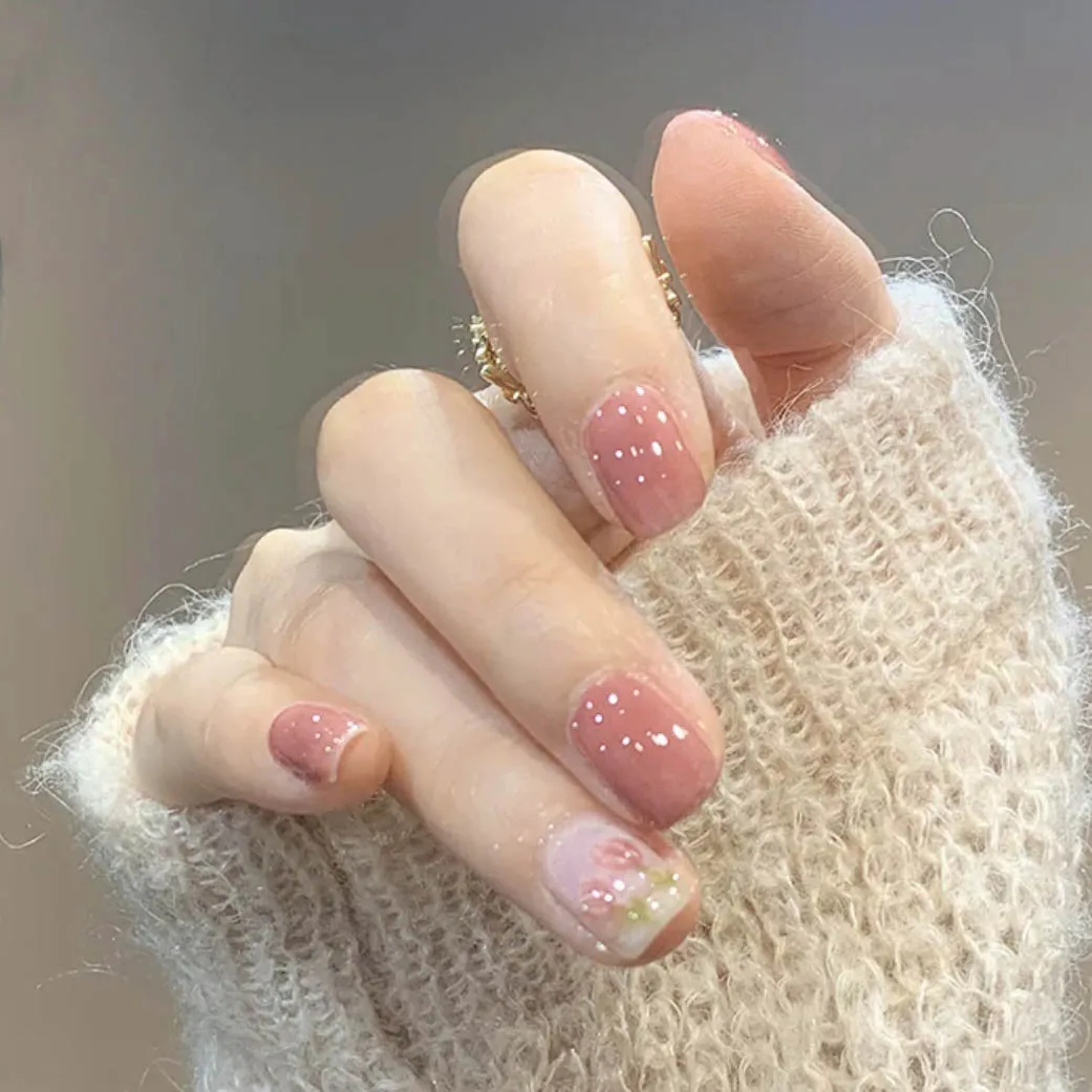 24pcs false nails with a pattern Tulip Printed Nail Patch Nude Color Glue Type Removable Short Paragraph Fashion Manicure