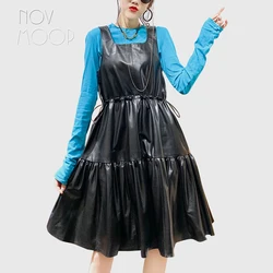 Novmoop genuine leather women ruffle dress adjustable waist strip solid color elegant sweet lady Robe en cuir LT3460