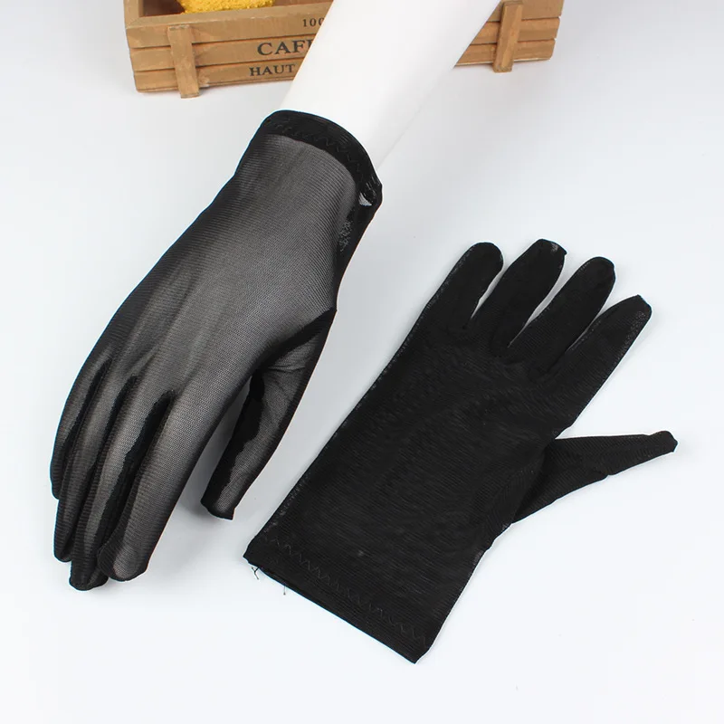 Guantes de malla de encaje negro para mujer, malla transpirable, protector solar, párrafo corto, transparentes, de alta elasticidad