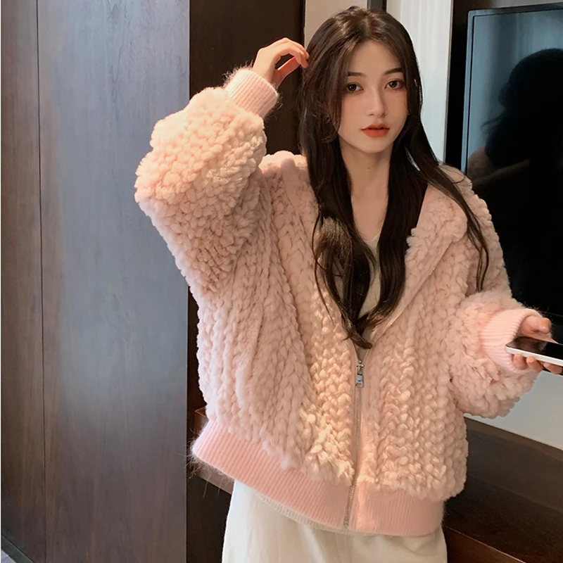 

Spring Winter New Faux Rex Rabbit Wool Woven Fur Sweater Coat Women Short Slim Thin Young Fashion Casual Hooded Fur Overcoat