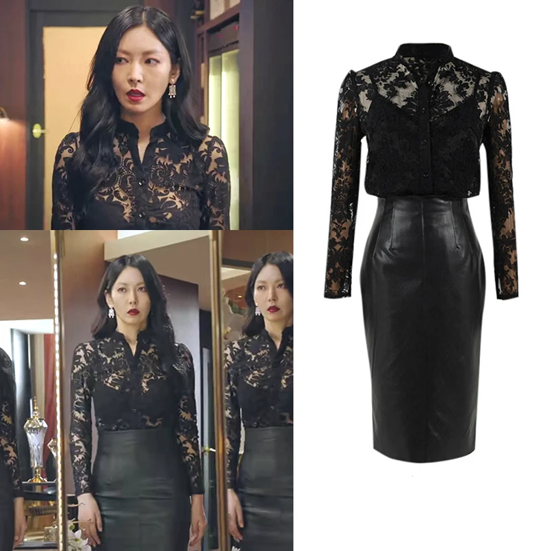 Kpop Korean Celebrity Black Sexy Hollow Lace Long Sleeve Shirt+Office Fashion Slim Bag Hip Leather Skirt Women two piece outfits