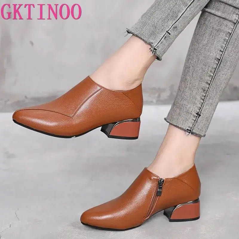 GKTINOO Punta a punta Tacchi medi Donna 2024 Autunno Scarpe singole Donna Morbida scarpa in vera pelle Tacco quadrato Femminile Zip laterale