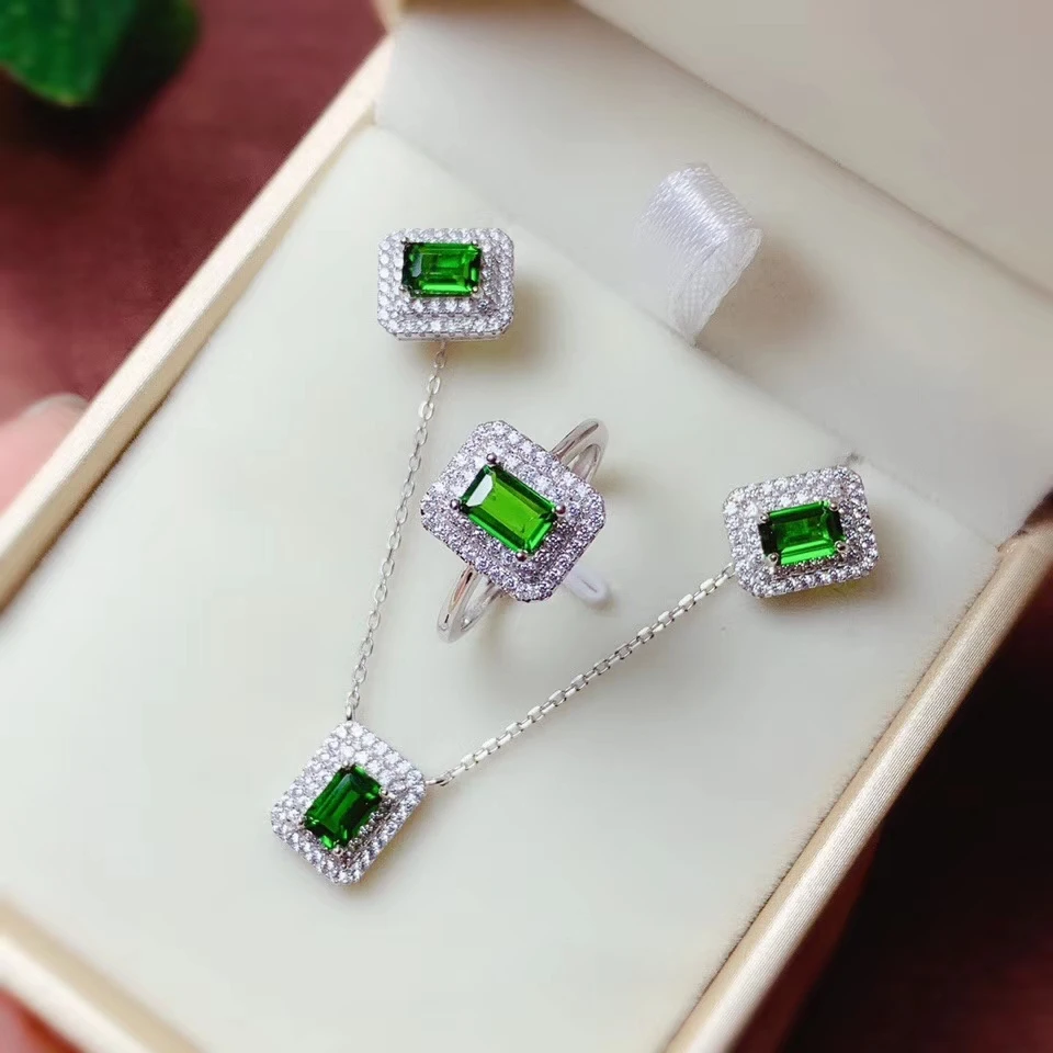 

charming clear green color diopside gemstone ring earrings and necklace jewelry set exquisite natural gem 925 silver party gift