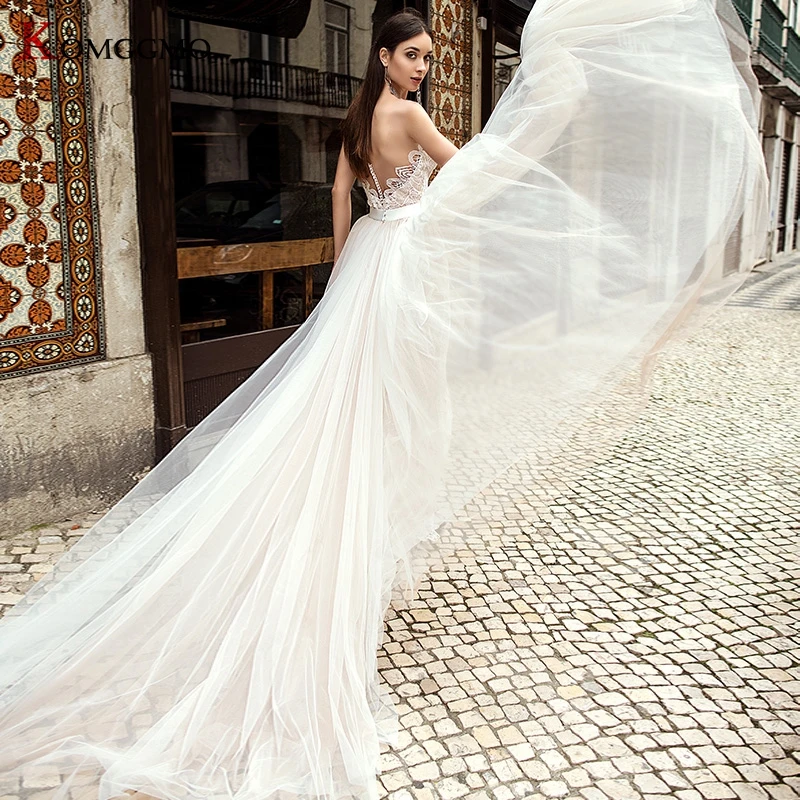 Robe de mariée sirène élégante, Illusion, col rond, sans manches, avec traîne détachable, avec des Appliques en dentelle, bouton au dos, offre spéciale, 2023