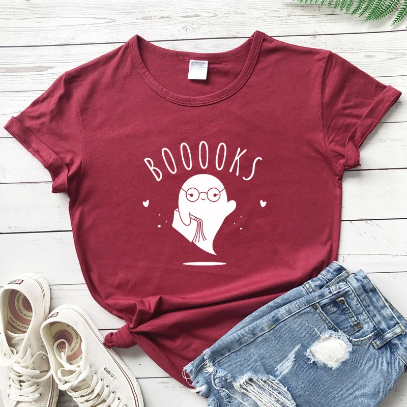 Booooks Ghost 100% Cotton T-shirt Funny Halloween Gift Tshirt For Teacher Cute Women's Graphic Book Reading Tee Top Camiseta