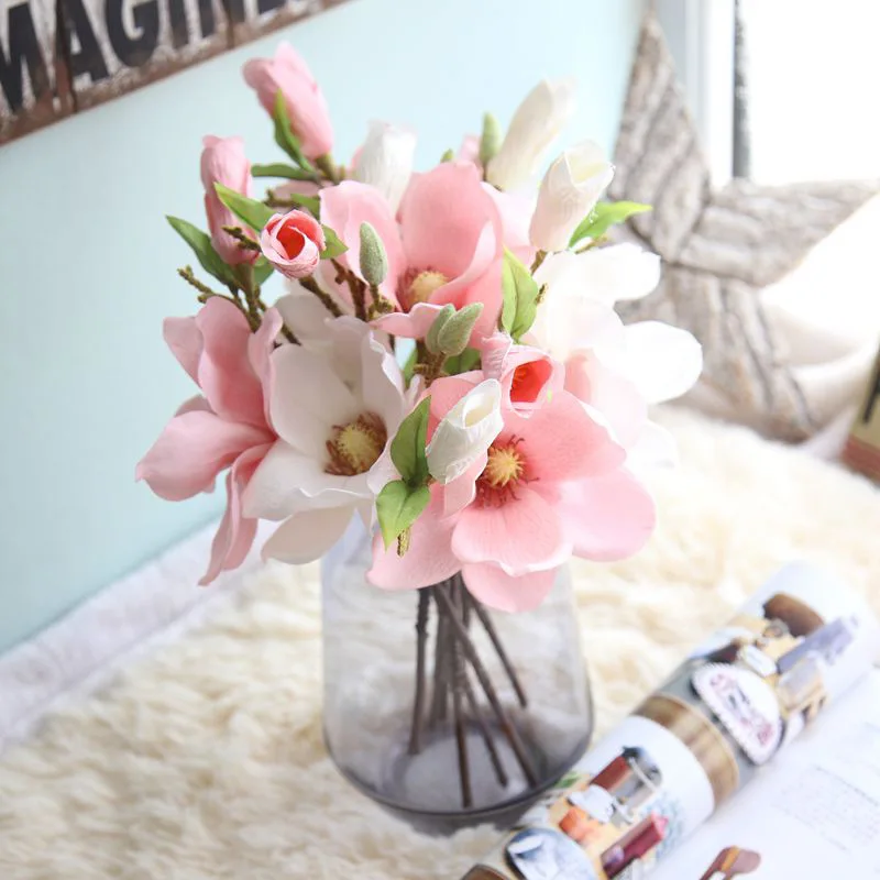 

Artificial Magnolia Flower Bouquet, Silk Flower for Home Decoration, Farmhouse Style, Fake Display Flowers, Wedding, 3Pcs