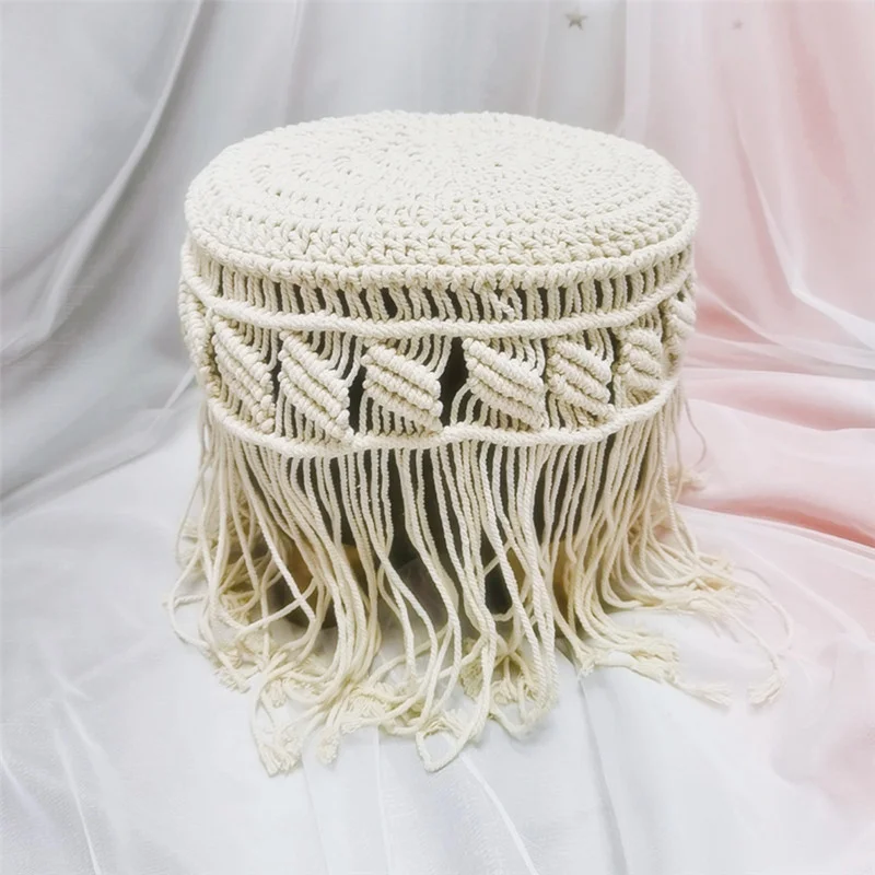 Macrame Low Stool Cushion Cover Woven Hemp Rope Tassel Retro Round Chair Cover Bohemian Sofa Cushion Cover for Boho Decor