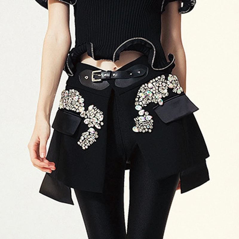 

Women Mini Skirt Pearls Beads Embellished Decorated Designer Luxury Original Short Skirts Belt Sexy Club Trendy Modern Street