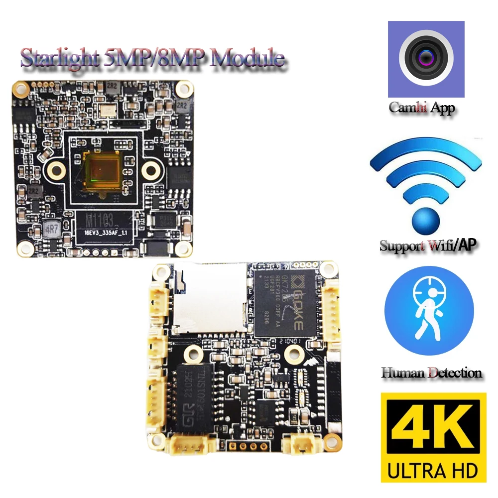 H.265 8MP 4K Starlight Wireless IP Camera Module, 5MP Human detection wifi Network Camera board Two way Audio TF Card RTSP