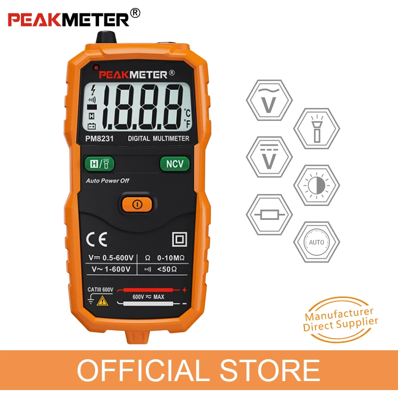 

Портативный цифровой мини-мультиметр PEAKMETER PM8231, Бесконтактный цифровой мультиметр с автоматическим диапазоном постоянного тока, тестер сопротивления переменного тока