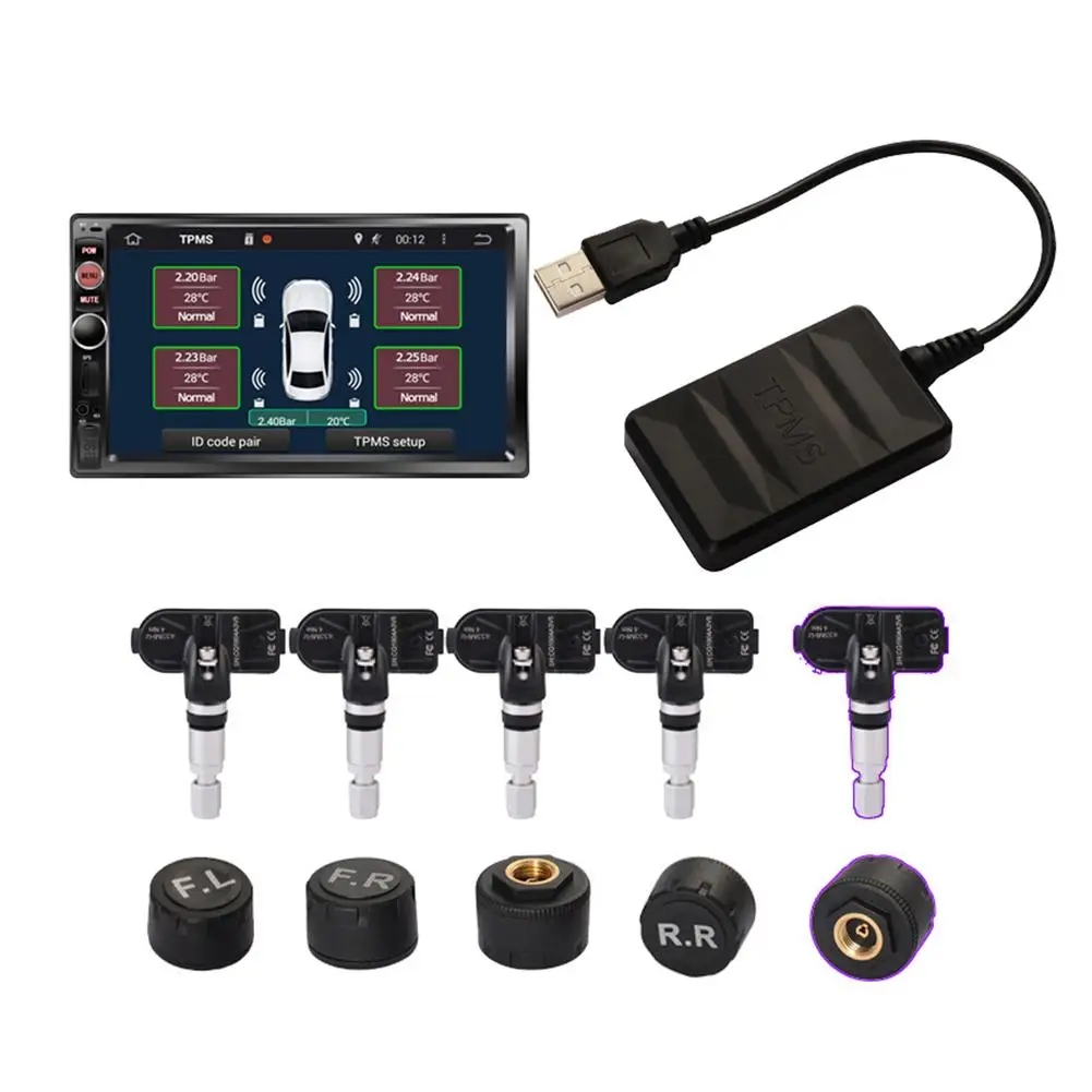 USB Spare Tire Pressure Monitoring System TPMS Built-in/External 5 Sensors Real-time Display Navigation