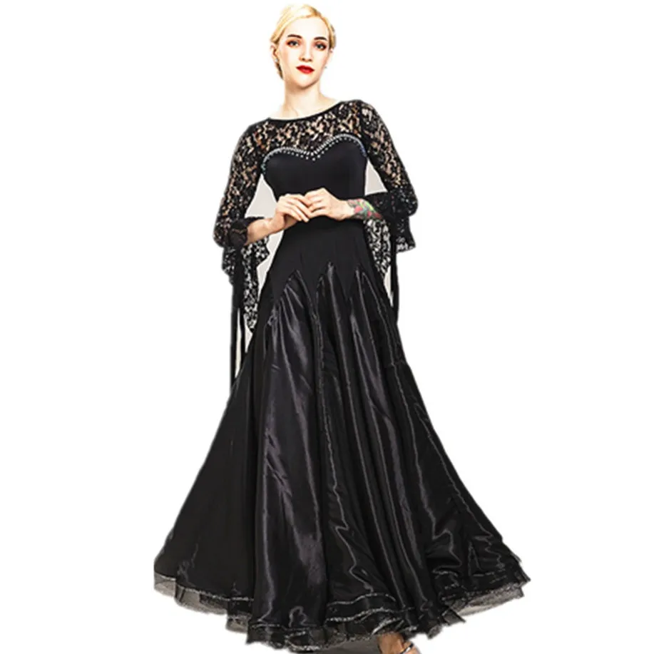 Lace Stitching Black Swing Standard Ballroom Dance Dress For Ballroom Dancing Waltz Dance Costumes Spanish Dress Ball Gown Party