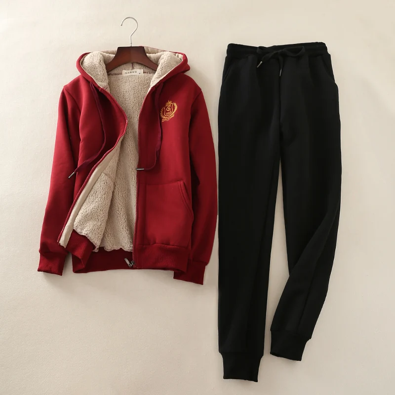 High Quality Winter Women Cashmere Sweatshirt Sets Loose Big Size 4xl Hooded Warm Jackets Sweatpants Casual Cotton Tracksuit