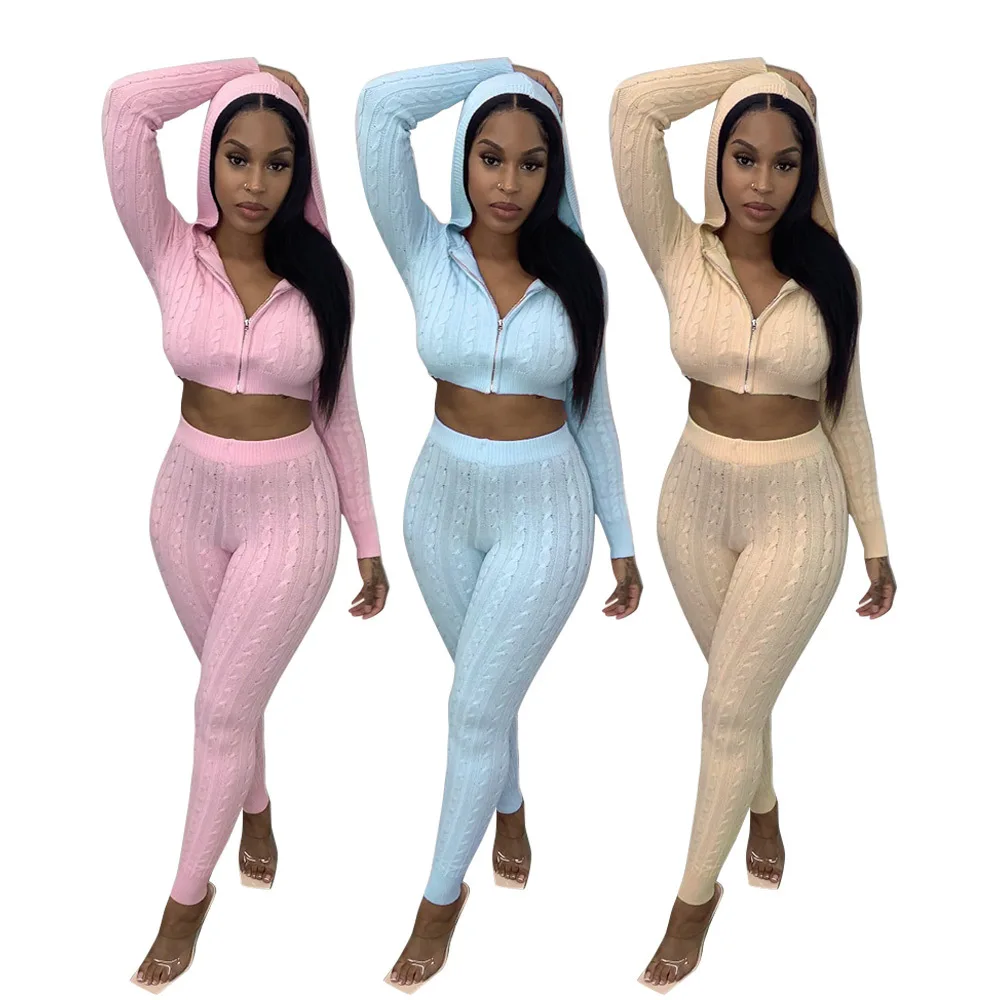 

Summer Knitted Sweat Suits Women Matching Sets Long Sleeve Hoodie+Skinny legging Pants Loungewear Sweater Set Two Piece Outfits