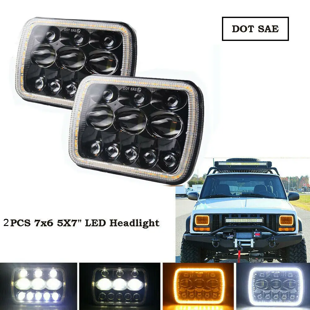 

5x7 7x6" LED Headlight Hi-Lo Beam Halo DRL Light For Jeep Cherokee Hilux 88-97