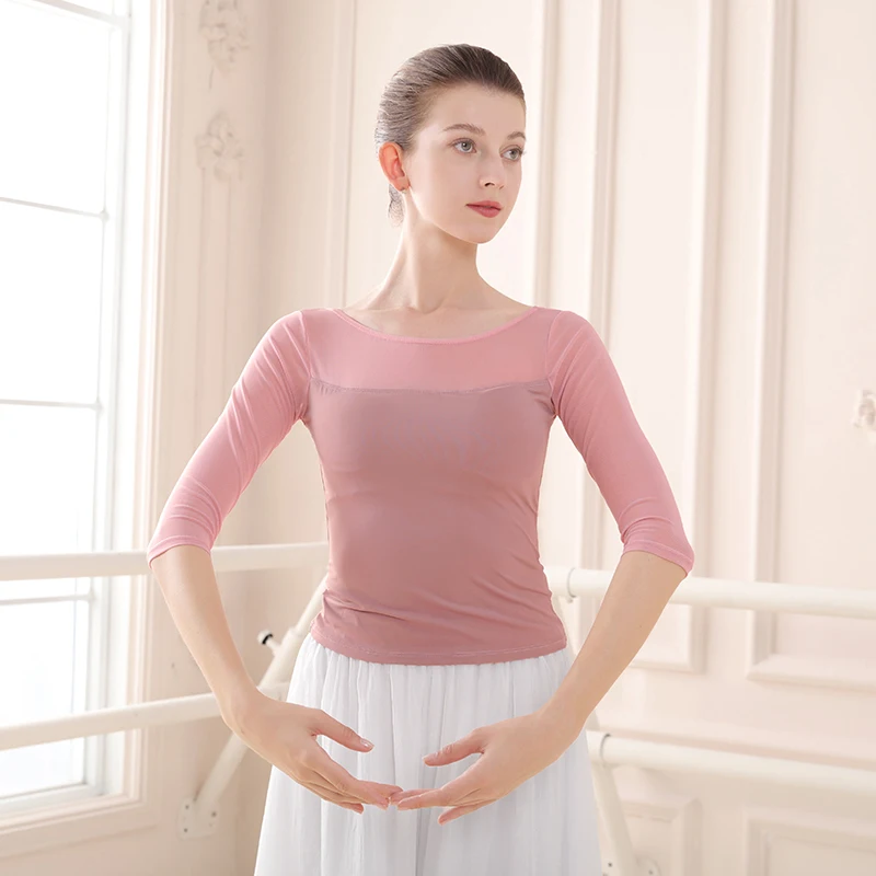 Adult Women Ballet Leotard Tops Crewneck Dance Costumes Nylon Elastic Mesh Splicing Gymnastics Aerial Yoga Tops  Half Sleeve Top