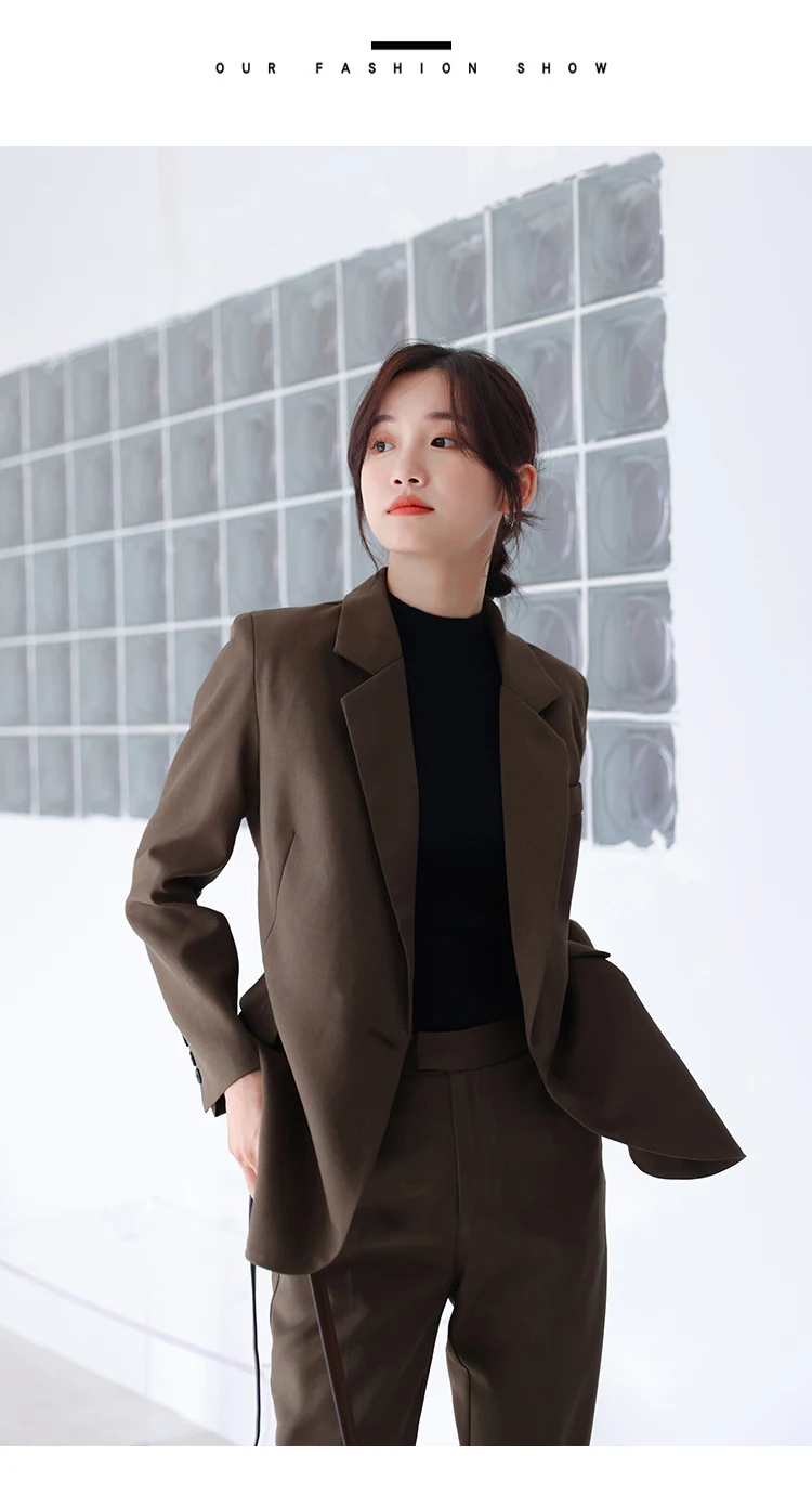 Women Vintage Office Lady Classic Two Piece Set Long Sleeve Blazer+High Waist Straight Leg Long Pants Setup Outfits