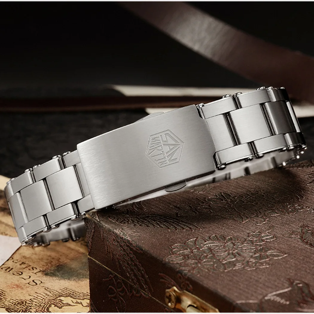 San Martin Jam Tangan Penyelam Pria, Jam Tangan Otomatis Pria Jam Tangan Mekanis Hantu Air Retro GMT Mewah 200M Kedap Air Bercahaya