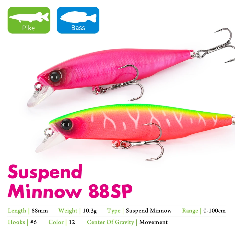 TSURINOYA 88SP Suspending Minnow Fishing Lure 88mm 10.3g DW76 Long Casting Artificial Hard Baits Pike Bass Big Trout Jerkbait