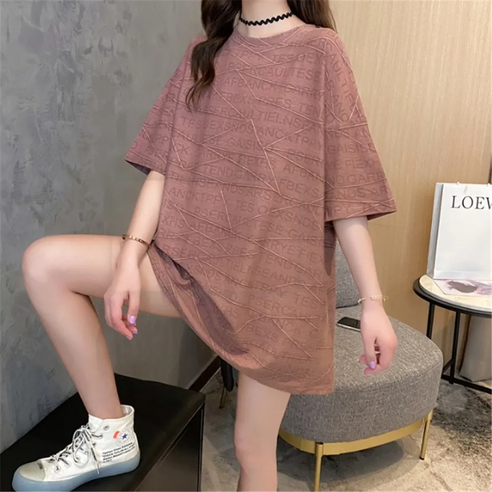 

2023 New Short Sleeve T-Shirt Women's Loose Medium Long Fashion Large Edition Cotton Half-Sleeved Dress