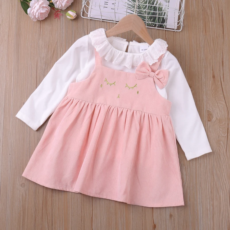 Spring Autumn Lotus Leaf Collar Long-sleeve T-shirt + Bow Suspender Skirt Cute Girl Clothes Set New Cartoon Children's Dress Set