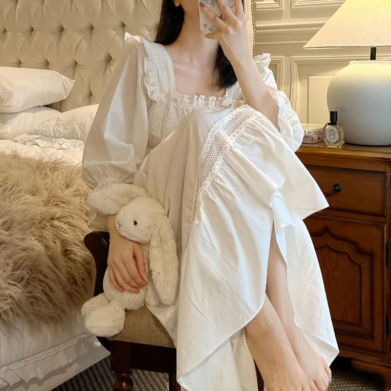 Korea Style Sweet Nightdress Women Square Collar Long Sleeve Vintage Nightgowns Spring Long Ankle-Length Nightie Solid Dresses