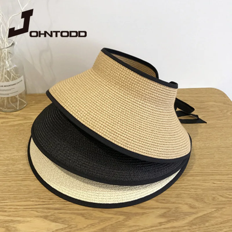 2021 Summer Women Fashion Sun Hat with Ribbon Bow Travel Casual Sun Visor Hat Straw Beach Ladies UV Sunscreen Outdoor Empty Hat