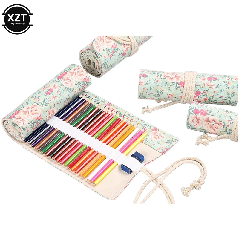 12/24/36/48/72 Holes Roll Colored Pencil Case Kawaii School Canvas Pen Bag for Girls Boys Cute Gift Large Pencilcase Box