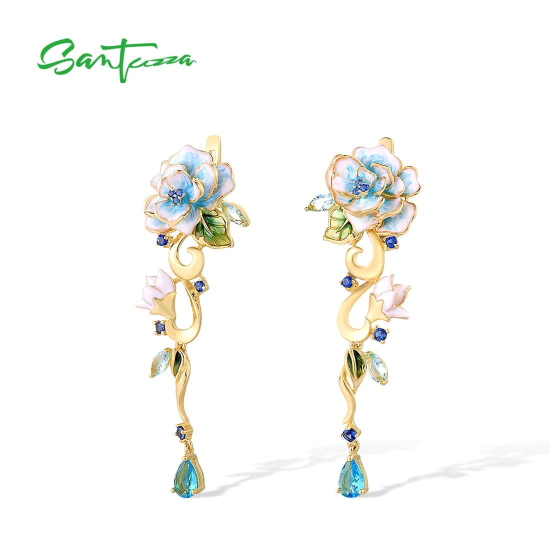 SANTUZZA 925 Sterling Silver Drop Earrings For Women Sparkling Blue Stone Delicate Blooming Flower Enamel Party Fine Jewelry