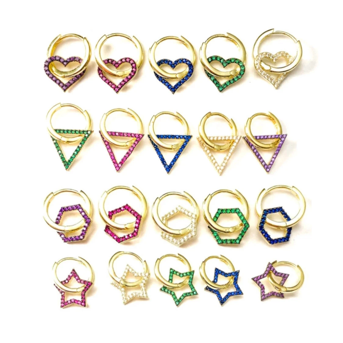 Wholesale 2025 Spring New Style Rainbow Colorful CZ Paved Tar Heart Triangle Charm Hoop Earring For Women Girl Fashion Jewelry