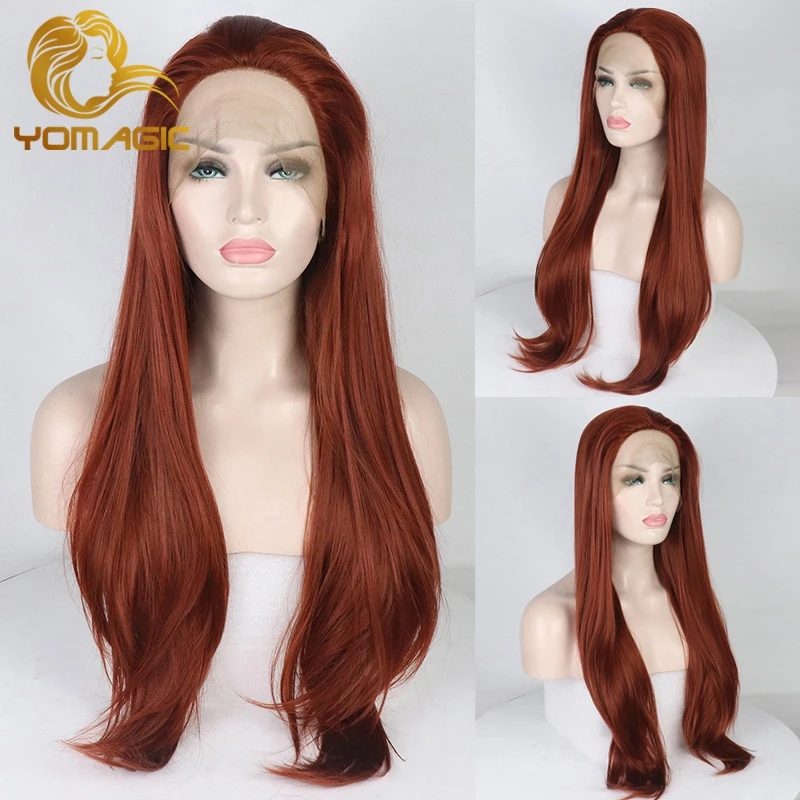 

Yomagic Natural Straight Synthetic Lace Front Wigs for Women Party Heat Resistant Red Brown Color Hair Glueless Lace Wig