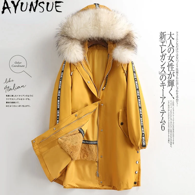 AYUNSUE Winter Real Rabbit Fur Liner Parka Women Autumn 2021 Hooded Raccoon Fur Collar Female Jacket Casual Manteau Femme Gxy479