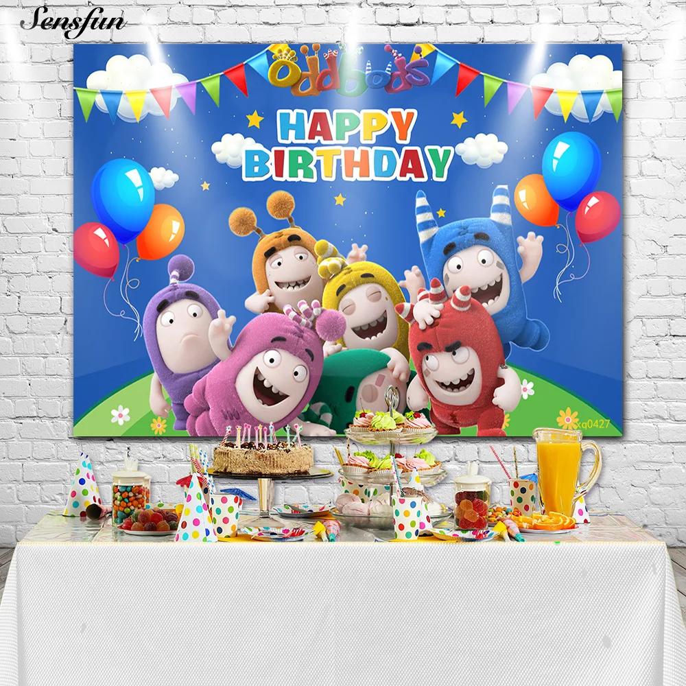 Sensfun-Fondo de fotografía para fiesta temática Oddbods, telón de fondo para foto de Primer Cumpleaños de Niños, vinilo personalizado, Decoración de mesa de pastel, 7x5 pies