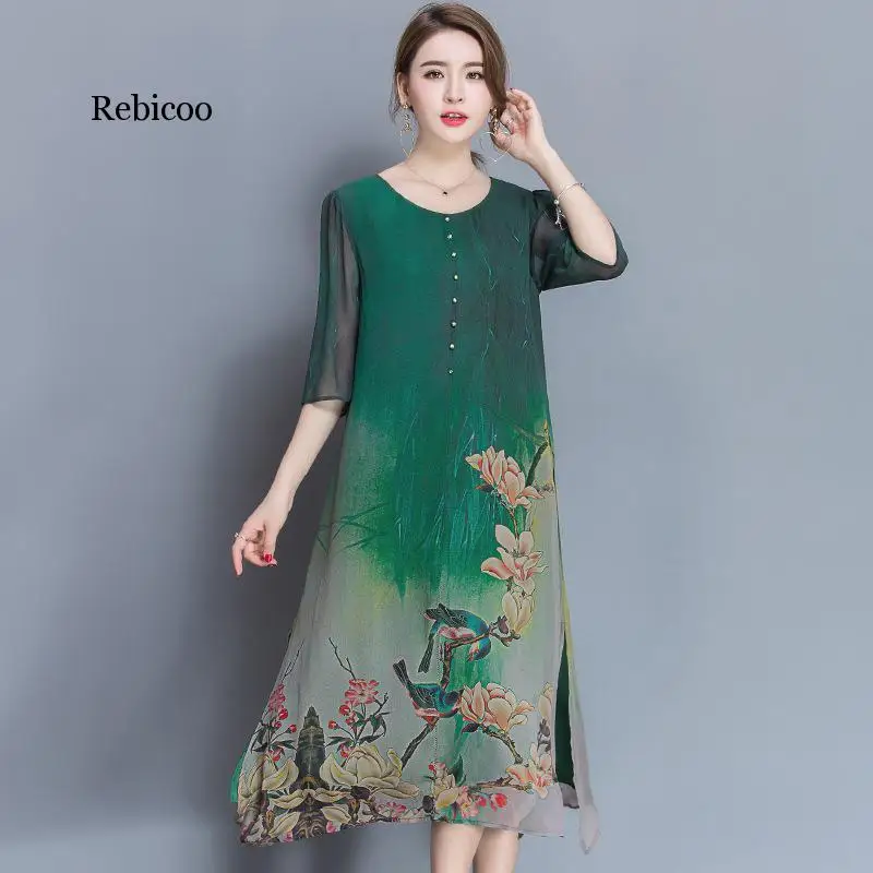 

Green Silk Dress With Buttons Half Sleeve Floral Print Elegant Chinese Maxi Dresses For Women 2020 Summer Robe femme Plus Size
