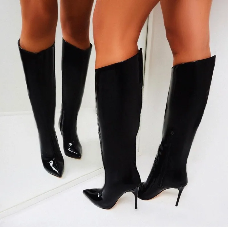 Celebrating Sexy Ladies Black Mirror Leather Knee High Boots Women Knight High Heels Runway Stilettos Straight Dress Boots 2022