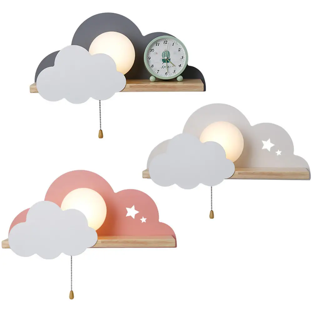 Nordic Cloud Wood Shelf Wall Lamp With Pull Switch Children Bedroom Bedside Night Light Study Corridor Wall Sconce Led Fixture