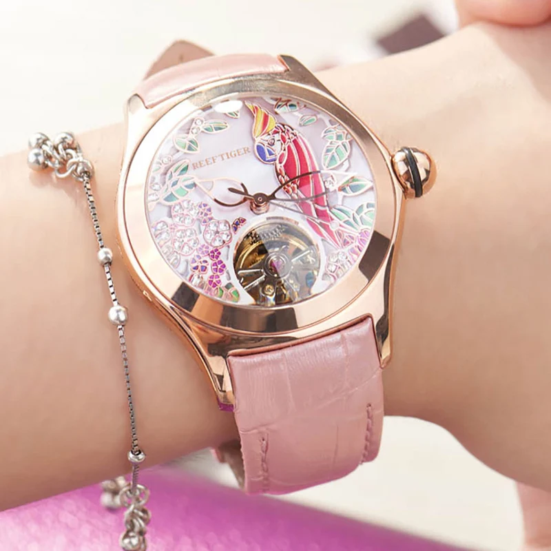 Reef Tiger Top Brand Luxury Women Watches Pink Dial Leather Strap Tourbillon Mechanical Watch Rose Gold Fashion Waterproof Watch