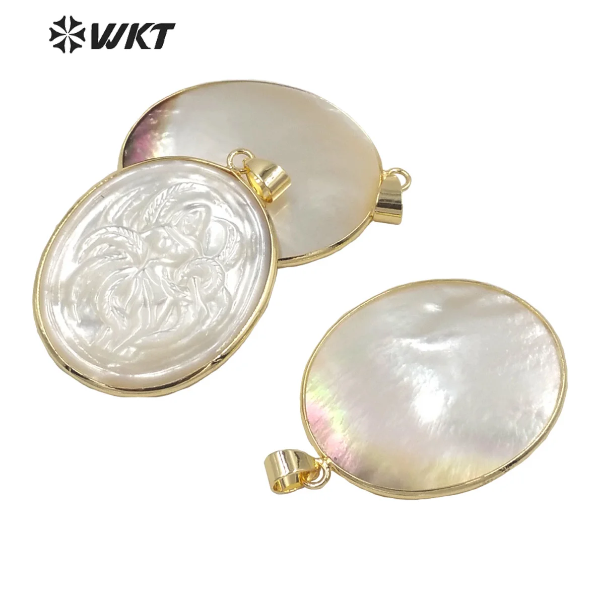 WT-JP245 Amazing Beauty Gold Bezel Hand Carved Mother Of Pearl Pendant Natural Shell Jewelry Finding DIY As Gift For Friend