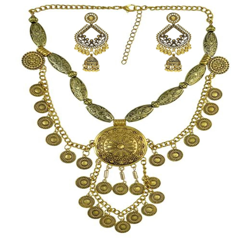 Boho étnico grande gargantilha colar & brincos conjunto feminino cor vintage maxi colar pingente feminino grande collier moeda colar jewe