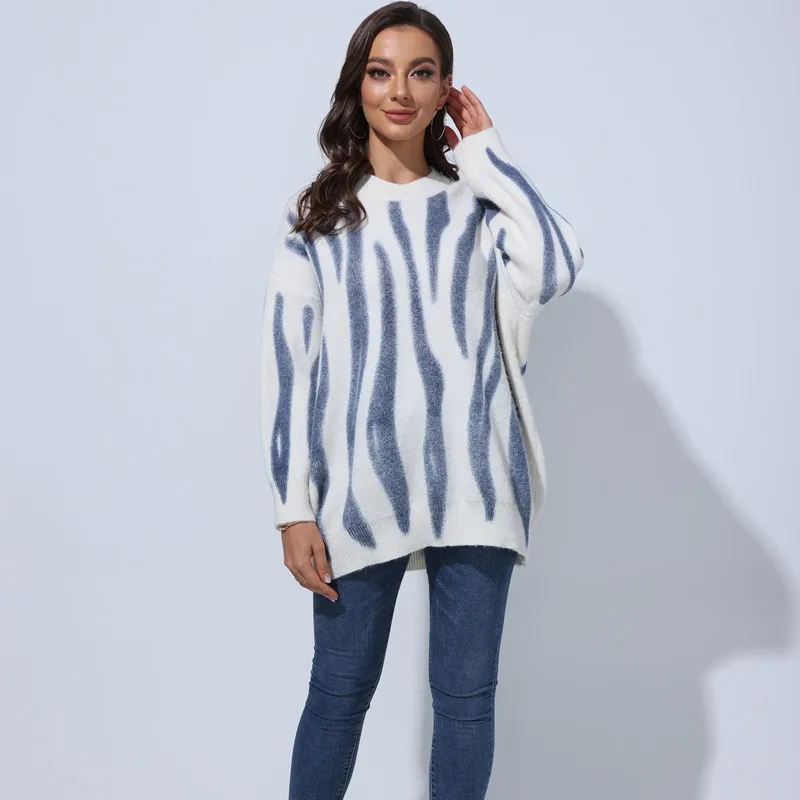 Korean Fashion Green Stripe Print Loose Women Sweater 2021 Winter Warm Oversized Pullover Female Streetwear Outerwear Clothing