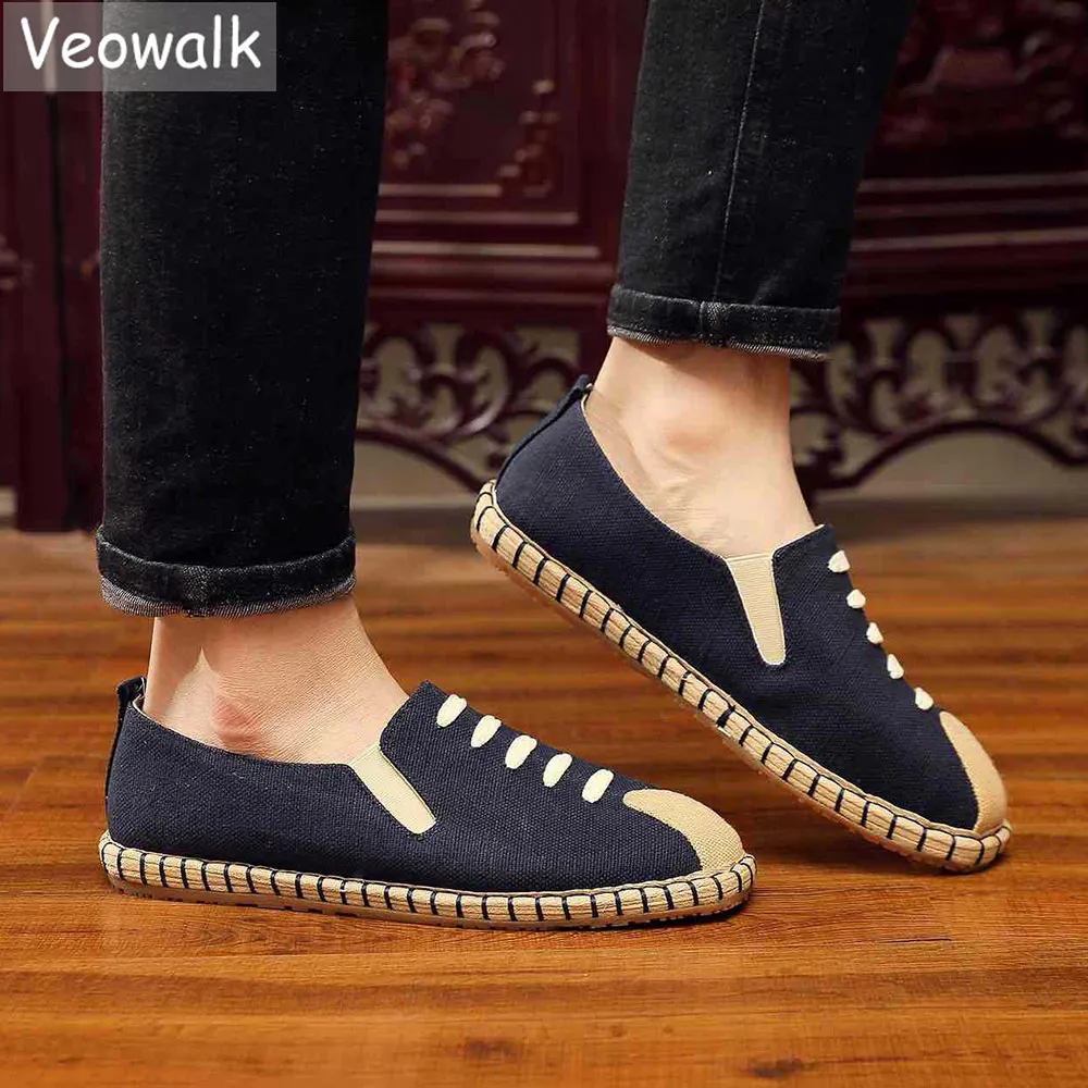 Veowalk Men's Japanese Style Espadrilles Flats Handmade Soft Bottoms Mens Comfortable Slip On Loafers Man Driving Shoes