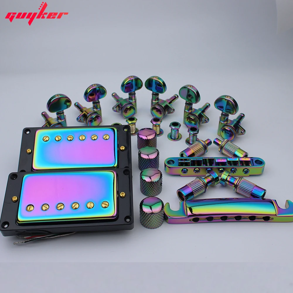 GUYKER Chameleon Rainbow Set Pickup + Lock String Tuners + Potentiometer Cap + Tune O Matic Electric Guitar Bridge for LP Guitar