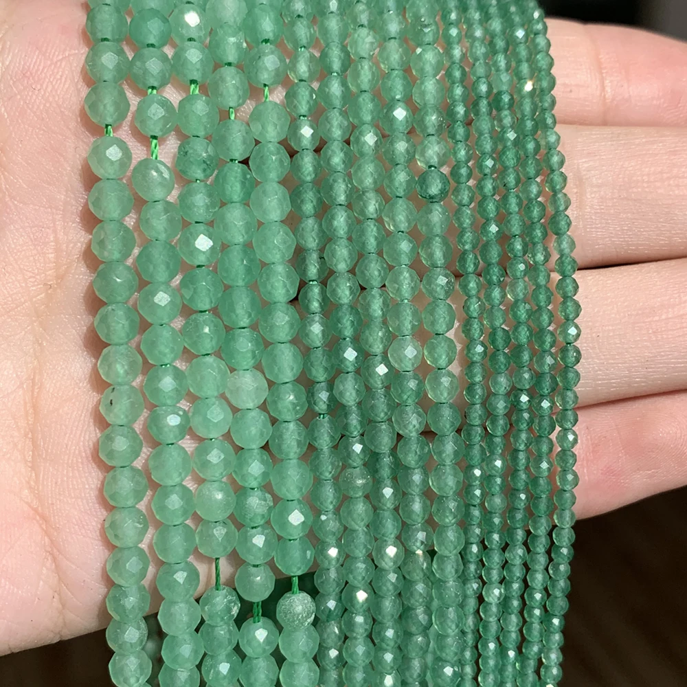 Natural Stone 2/3/4mm Green Aventurine Jades Faceted Mineral Loose Beads for Jewelry Making DIY Christmas Gift Bracelets 15''