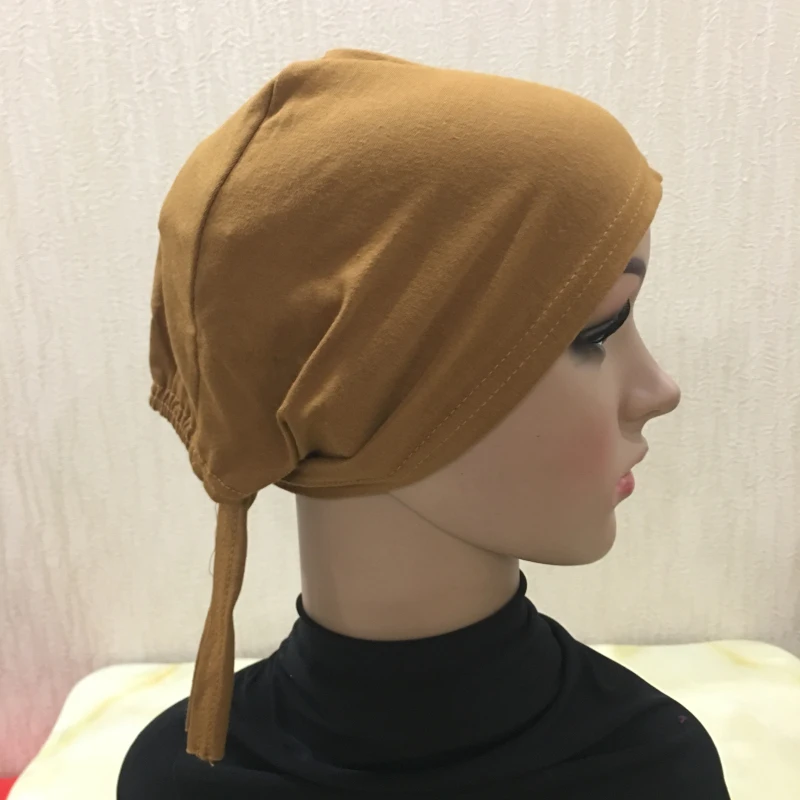 H048 Plain Cotton Tie Back Hats Muslim Turban Pure Color Stretch Inner Hijabs Underscarf Women Head Scarf Under Hijab Bonnet