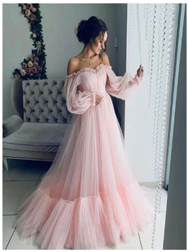 Gaun Prom Lengan Panjang Wanita Pakaian Putri Off Shoulder Tulle Pakaian Malam Gaun Ukuran Plus Formal