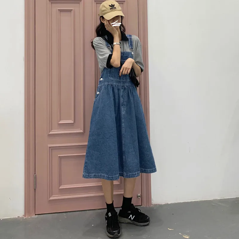 Vintage Preppy Style Suspender Skirt Women Front Pocket Design A-Line Denim Overalls Loose Long Midi Skirt Jeans