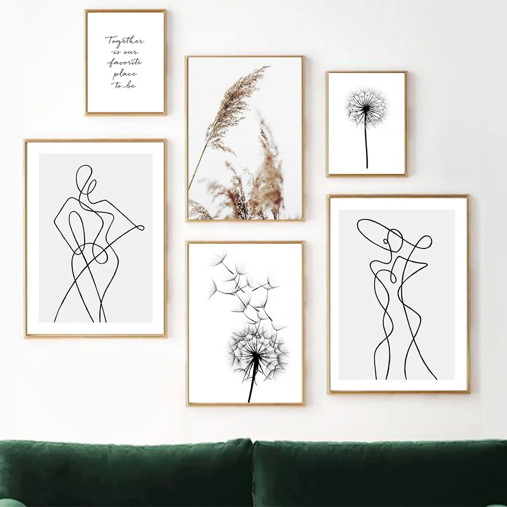 Nordic Simple Wall Art Canvas Drew  Woman Body Line Dandelion Abstract Painting Posters And Prints Pictures For Living Room