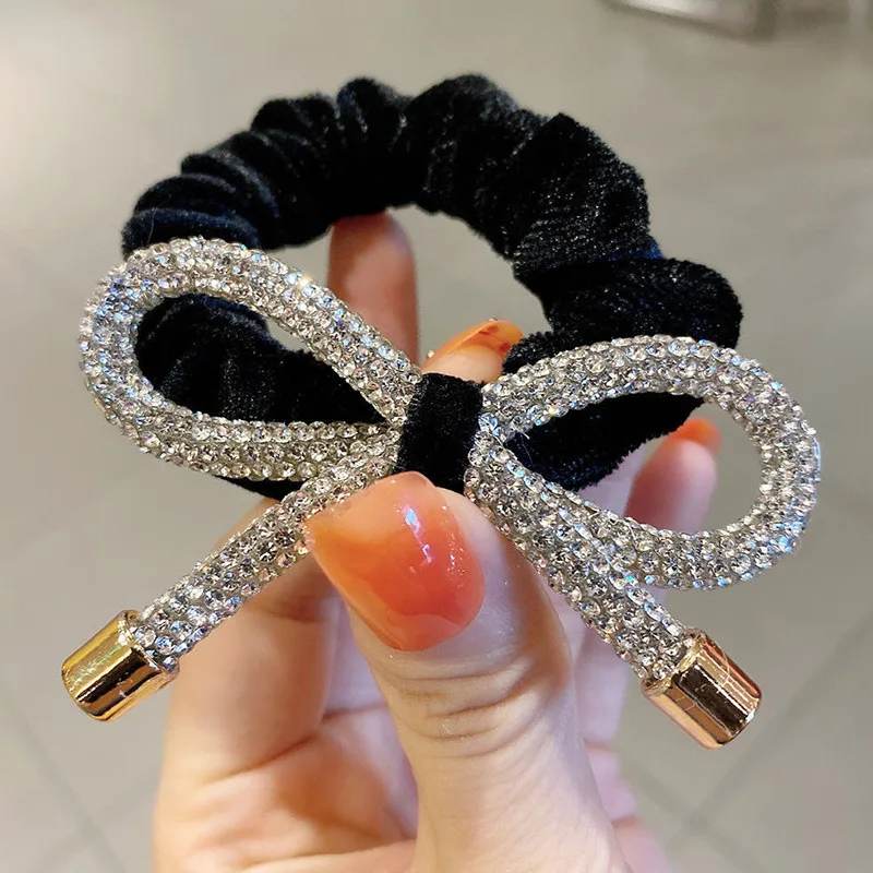 Ladies Rhinestone Bowknot Hair Ties Rope Luxury Glitter Jeweled Elastic Rubber Band Ponytail Holder Velvet Scrunchies